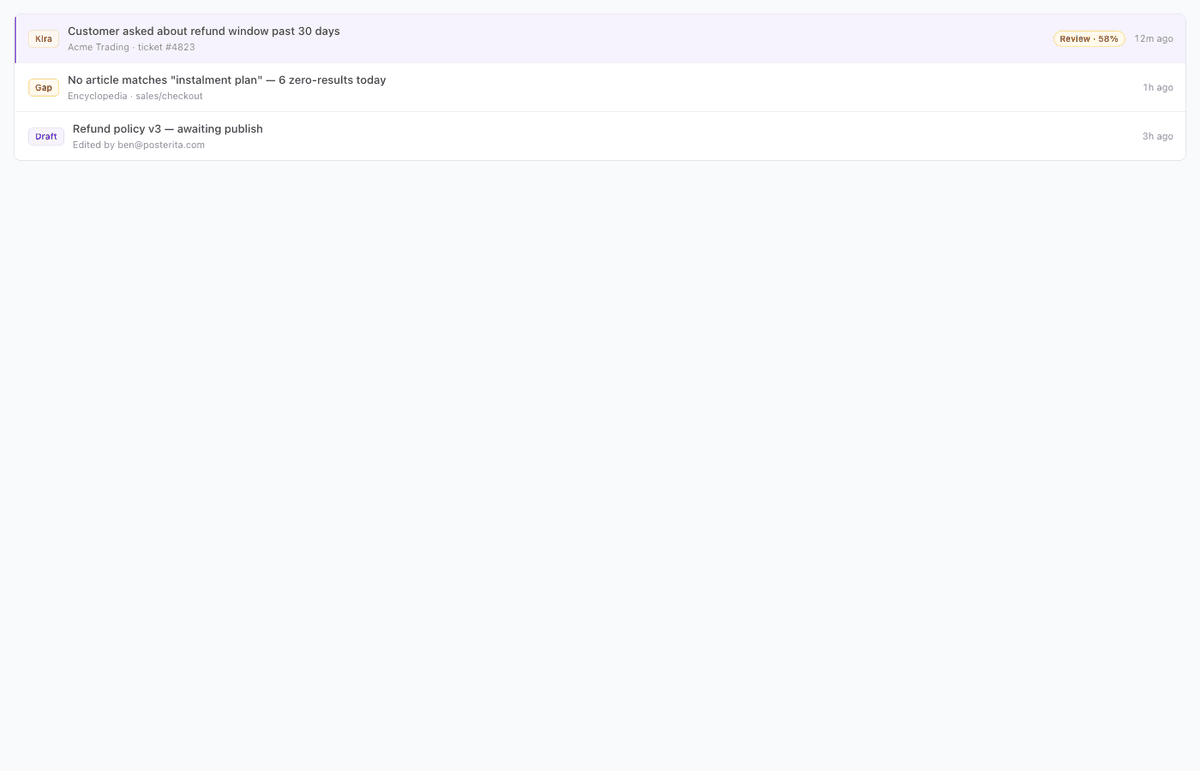 Agency OS triage inbox row with approve / edit / reject actions
