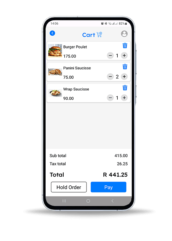 The Posterita POS Android app on a phone — quick-sale screen with cart, tender, and receipt.