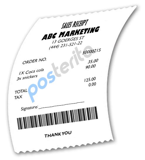 A printed Posterita receipt — MRA-compliant fiscal layout, item lines, totals, payment method, footer.