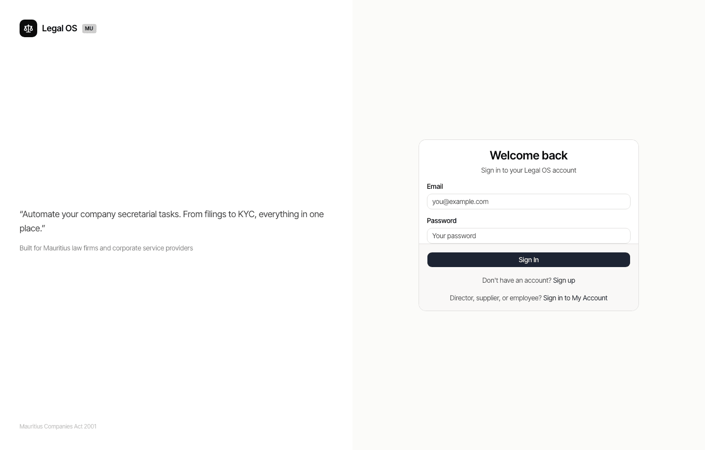 Legal OS compliance dashboard — filings, deadlines, evidence
