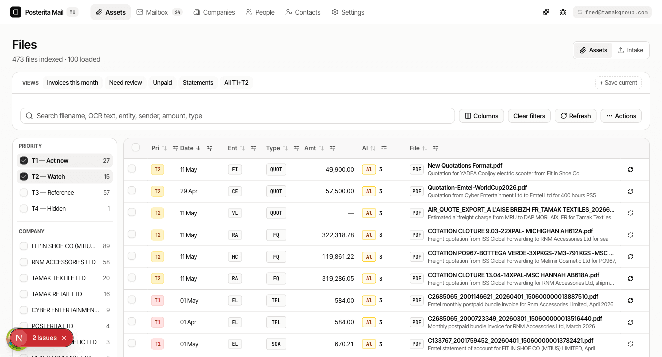 Mail OS asset register — deduplicated attachments linked to counterparty companies